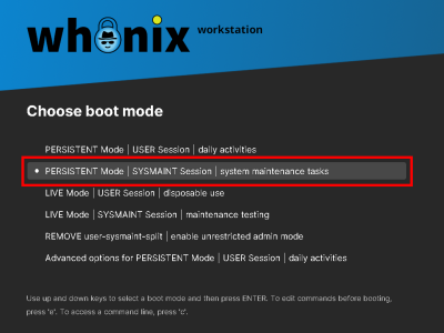 Whonix-Workstation GRUB Boot Menu - Sysmaint Boot option